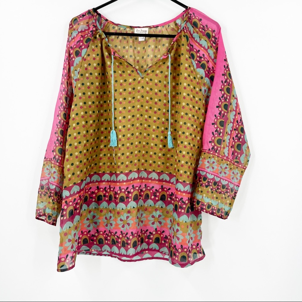 Live Happy by Natural Life Boho Brown Pink Tunic Blouse Large